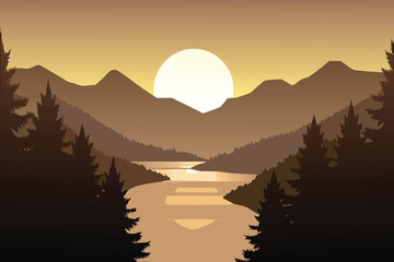 A serene landscape featuring mountains a river and a glowing sun
