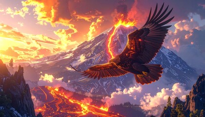 Majestic eagle soars amidst volcanic eruption and fiery sunset over a snow-capped mountain range