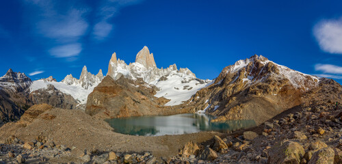 Monte Fitz Roy high resolution wide angle panoramic landscape mountain summit in Argentinian...