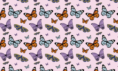 This pattern features butterflies of various shapes and sizes, decorated with bright colors such as orange, blue, purple, and yellow. Variations in wings and motifs. This design gives a cheerful
