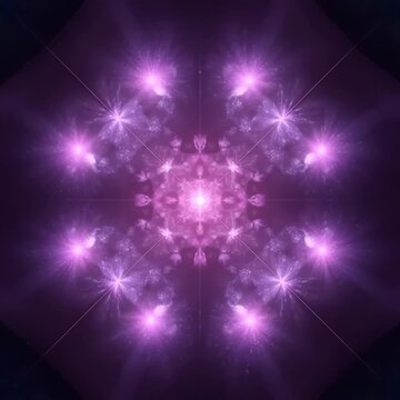 A mesmerizing glowing fractal kaleidoscope in shades of pink and purple with radiant light beams and symmetrical shapes, creating a seamless looped abstract background animation