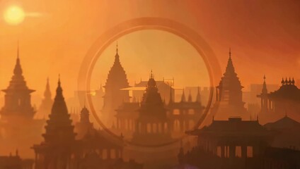 Golden cityscape with intricate architecture bathed in warm sunlight creates a serene and majestic atmosphere perfect for travel blogs and cultural documentaries