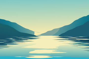 A serene landscape featuring a sunlit fjord and towering mountain sides