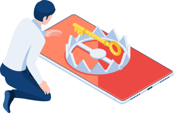 Isometric Businessman Reaching for Golden Key in Trap on Smartphone Isolated with White Background