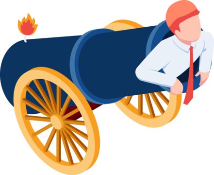 Isometric Businessman Ready in Cannon on Transparent Background Launching Startup Project New Business with Motivation and Red Tie