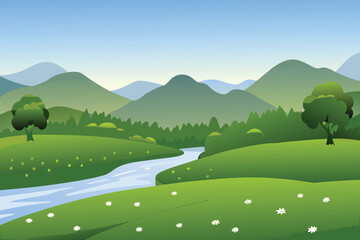 A peaceful landscape with rolling green hills and a winding river