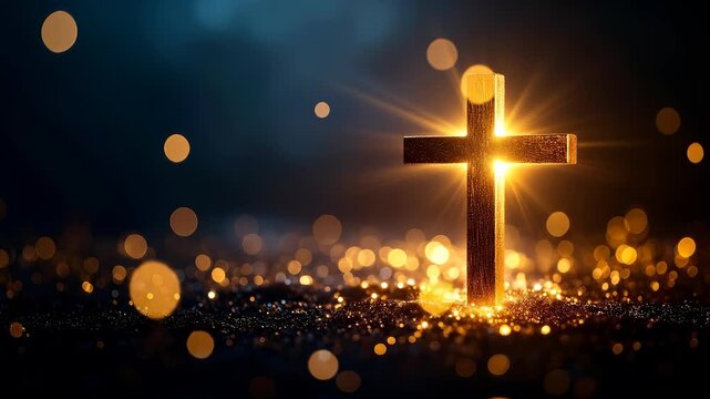 Radiant Christian Cross Illuminated with Bokeh Lights on Dark Background