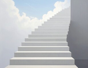 White marble staircase ascending towards a bright, cloudy sky