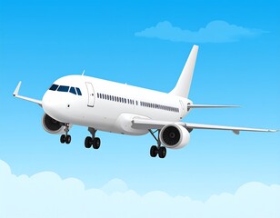 Obraz premium White passenger jet descending through blue sky above fluffy clouds