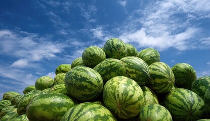 Fototapeta premium A large pile of ripe green watermelons sits against a bright blue sky with fluffy white clouds