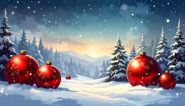 Snowy winter forest with Christmas ornaments
