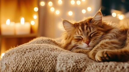 A cozy ginger cat sleeps peacefully on a knitted blanket, surrounded by warm candlelight and soft bokeh lights.