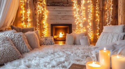 A cozy, warmly lit room featuring soft textures, fairy lights, candles, and a fireplace, creating an inviting atmosphere perfect for relaxation.