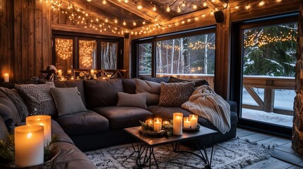 A cozy cabin interior featuring a dark sofa, warm lighting, and candles.
