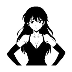 Black and white hot anime character line art illustration, stylish minimal outline drawing in clean style