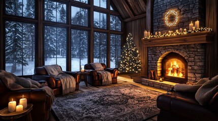 A cozy winter cabin interior featuring a fireplace, comfortable seating, a decorated Christmas tree, and candles, set against a snowy outdoor backdrop.