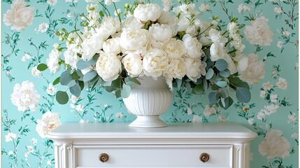 A stunning arrangement of white peonies in a decorative vase, set against a floral-patterned wallpaper.