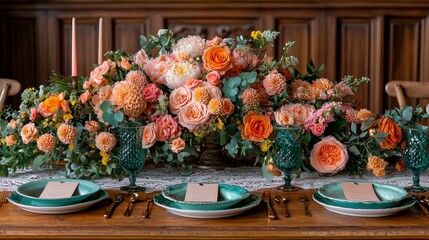 A beautifully arranged table centerpiece featuring lush, colorful flowers and elegant tableware.