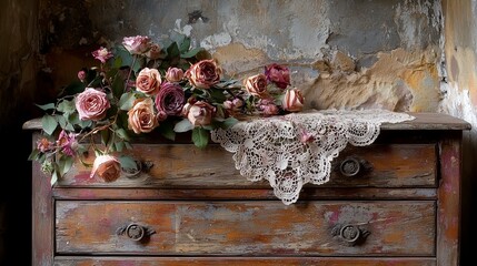 A rustic wooden dresser adorned with dried roses and a delicate lace cloth, set against a textured wall with peeling paint.