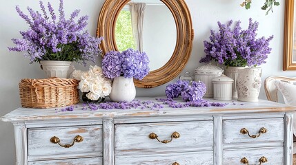 A vintage dresser adorned with lavender flowers, a round mirror, and decorative containers.