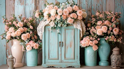 A charming arrangement of pastel flowers and a vintage cabinet against a rustic wooden backdrop.