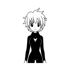 Black and white hot anime character line art illustration, stylish minimal outline drawing in clean style