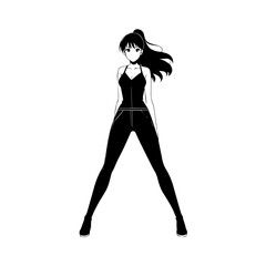 Black and white hot anime character line art illustration, stylish minimal outline drawing in clean style
