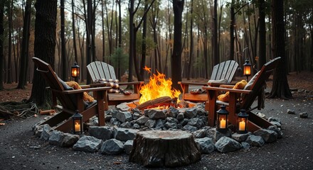 Cozy Forest Fire Pit with Adirondack Chairs and Lanterns