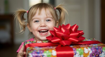 Exciting gift unwrapping moment for a happy girl home indoor celebration