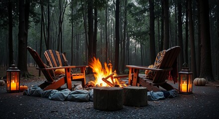 Cozy Forest Campfire with Adirondack Chairs - Autumn Evening Retreat