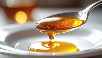 Golden Honey Stream: Close-up of viscous honey pouring from a spoon onto a pristine white dish, showcasing its rich amber hue and glistening texture.