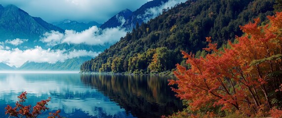 Autumn Lakeside Landscape with Mountain Reflections - Serene Scenic View