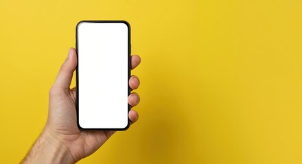 Smart Phone in Hand: A modern smart phone, its blank screen offering limitless possibilities, rests securely in a hand against a vibrant yellow backdrop, inviting exploration and discovery.