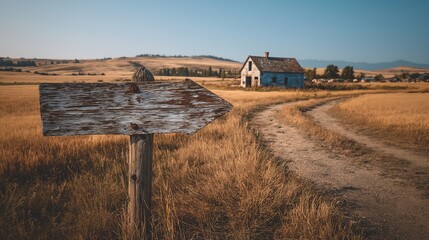 Rustic Arrow Sign in a Rural Landscape Pointing Towards a Faded Blue Building on the Horizon