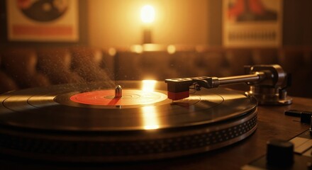 Obraz premium Vintage Vinyl's Melody: The warm glow of a light bulb illuminates a classic turntable playing a vinyl record, its needle meticulously tracing the grooves, promising an auditory experience