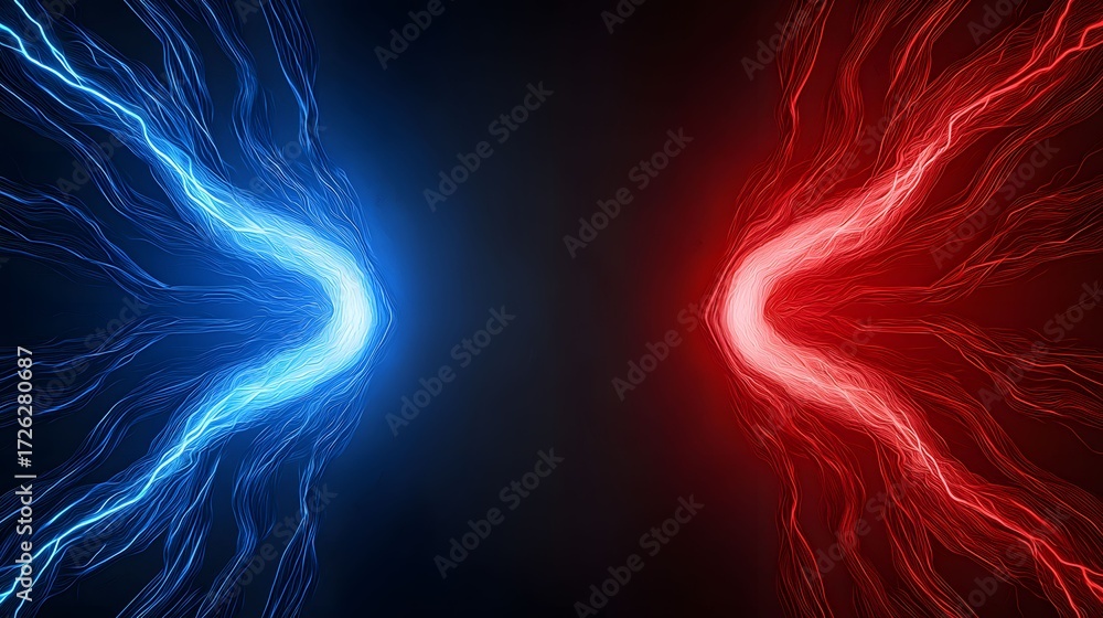 Poster an abstract image shows blue electricity and red electricity on either side of a dark background wit
