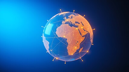 Naklejka premium Golden interconnected lines forming an abstract globe against a gradient blue sky, symbolizing global business concepts.