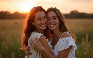 A loving lesbian couple hugs and smiles in nature at sunset, showcasing their romantic and tender connection. High quality