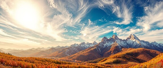 Autumn Mountain Landscape with Golden Trees and Dramatic Sky