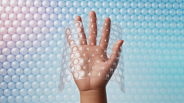 Hand holding transparent bubble wrap against a patterned background
