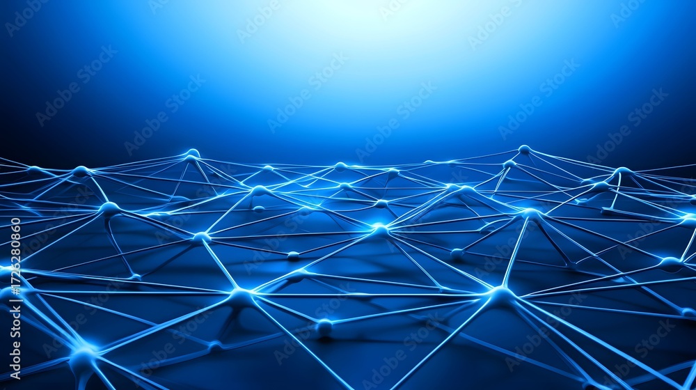 Aufkleber the image shows an abstract digital network with glowing blue nodes interconnected by lines, creatin