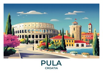Pula, Croatia Flat Retro Poster illustration, Landscape Travel Wall Art, Vintage High quality prints