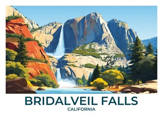 Bridalveil Falls, California Flat Retro Poster illustration, Landscape Travel Wall Art, Vintage High quality prints