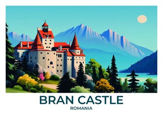Bran Castle, Romania Flat Retro Poster illustration, Landscape Travel Wall Art, Vintage High quality prints