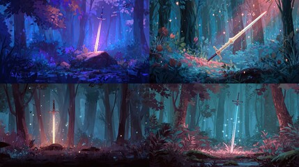 Four panels show glowing swords embedded in different magical forest settings with vibrant light effects