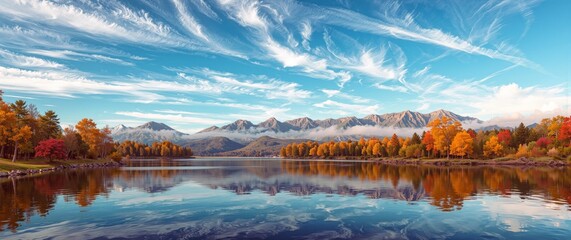Autumn Lakeside Panorama with Mountain Reflection, Vibrant Fall Colors