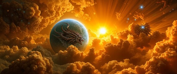 Cosmic Dragon Planet - Fantasy Space Art Render, Golden Nebula Sky