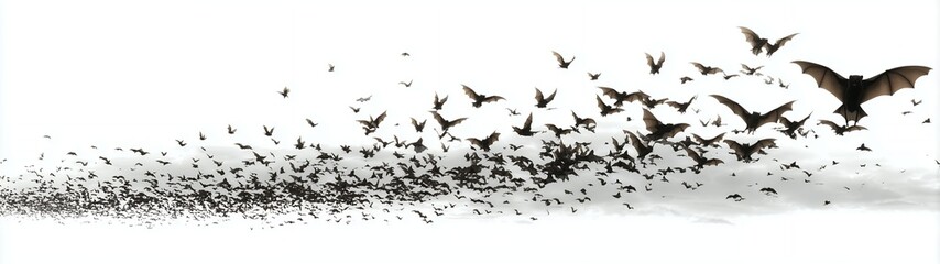 Obraz premium Flying flock of bats, transparent background vector clipart, flat design style, ideal for Halloween theme design, poster, web element PNG.