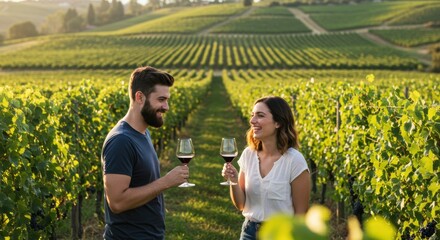 Couple enjoying wine tasting in scenic vineyard beautiful nature romantic atmosphere daytime viewpoint