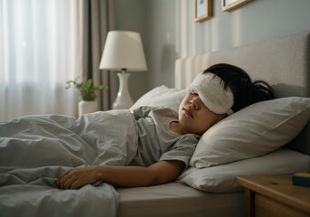 Dreaming of Slumber: A serene individual rests peacefully in their bed, shielded from the morning light by a comfortable sleep mask, enveloped in the cozy embrace of the bed sheets.